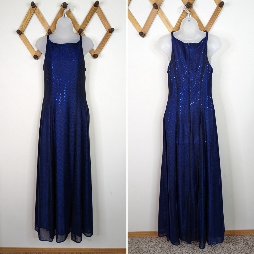 Betsy & Adam Y2k Sequin Mesh Blue A-Line Maxi Dre… - image 2
